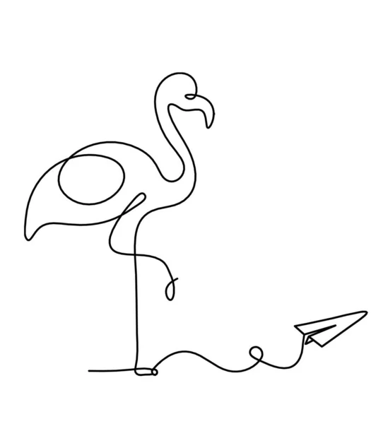 Silhuett Abstrakt Flamingo Och Papper Plan Som Linje Ritning Vitt — Stock vektor