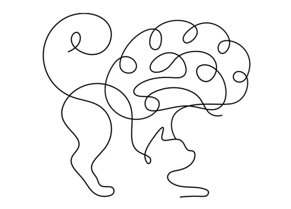 白い線で描かれた線画の脳と抽象的な猫のシルエット — ストックベクタ