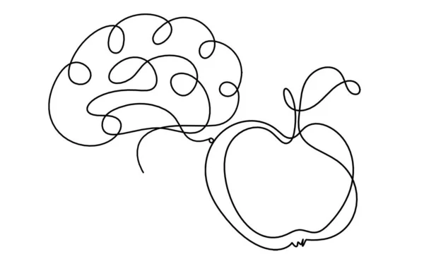 Zeichnungslinie Apfel Mit Gehirn Auf Weißem Hintergrund — Stockvektor