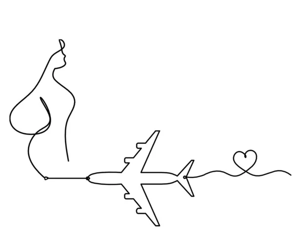 Frau Silhouette Körper Mit Flugzeug Als Linienzeichnung Bild Auf Weiß — Stockvektor