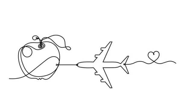 白い背景に飛行機と線のリンゴを描く — ストックベクタ