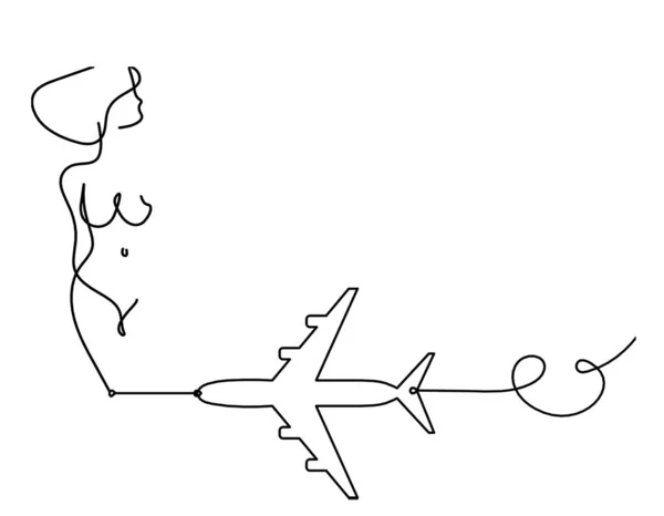 Frau Silhouette Körper Mit Flugzeug Als Linienzeichnung Bild Auf Weiß — Stockvektor