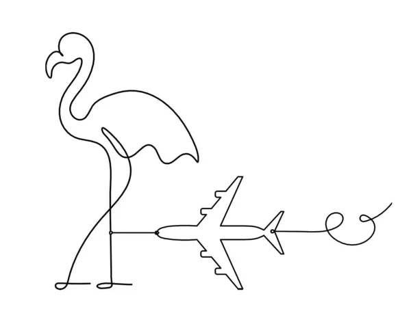 Soyut Flamingo Silueti Beyaz Üzerine Çizgi Çizen Düzlem — Stok Vektör
