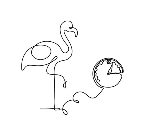 Silhouette of abstract flamingo and clock as line drawing on white