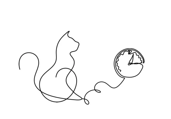 Silhueta Gato Abstrato Com Relógio Linha Desenho Branco —  Vetores de Stock