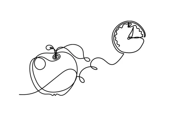 Linha Desenho Maçã Com Relógio Fundo Branco — Vetor de Stock