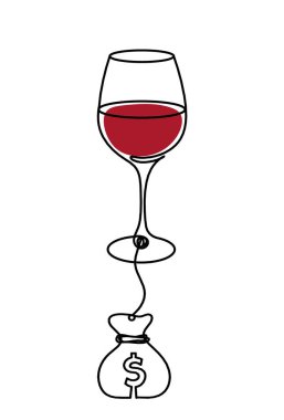 Beyaz arkaplanda dolar olan çizim çizgisi renk şarap kadehi