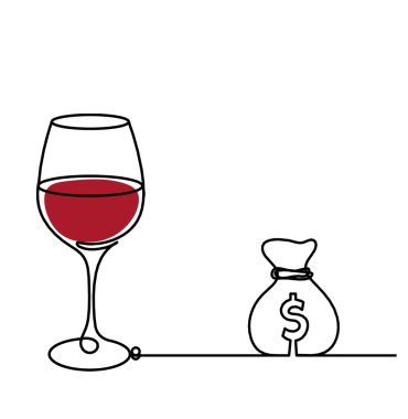 Beyaz arkaplanda dolar olan çizim çizgisi renk şarap kadehi