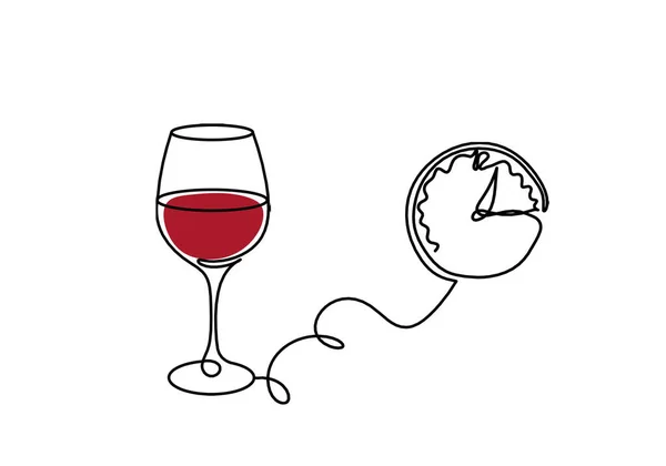 Zeichnungslinie Farbe Weinglas Mit Uhr Auf Weißem Hintergrund — Stockfoto