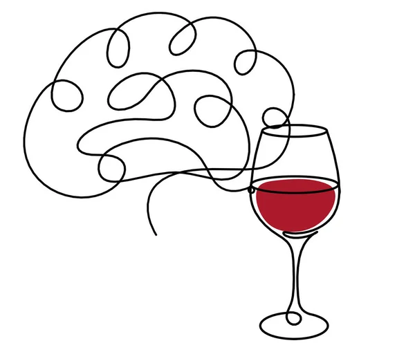 Zeichnungslinie Farbe Weinglas Mit Gehirn Auf Weißem Hintergrund — Stockfoto
