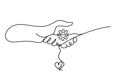 Beyaz arkaplanda çizgi çizimi olarak soyut tokalaşma ve kalp