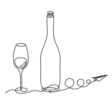 Beyaz arka planda kağıt uçakla çizilmiş şampanya ya da şarap şişesi