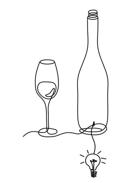 Tekening Fles Champagne Wijn Met Gloeilamp Witte Achtergrond — Stockvector
