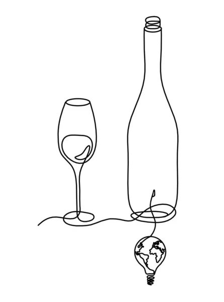 Linha Desenho Garrafa Champanhe Vinho Com Lâmpada Fundo Branco — Vetor de Stock