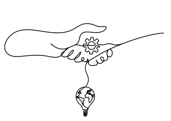 白地に線画としての抽象的な握手と電球 — ストックベクタ