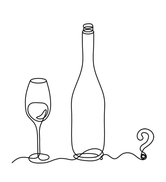 Linha Desenho Garrafa Champanhe Vinho Com Ponto Interrogação Fundo Branco — Vetor de Stock