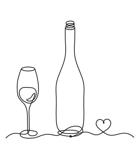 Linea Disegno Bottiglia Champagne Vino Con Cuore Sullo Sfondo Bianco — Vettoriale Stock