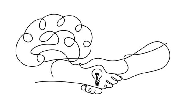 Streszczenie Uścisku Dłoni Mózgu Jako Rysunek Linii Białym Tle — Wektor stockowy