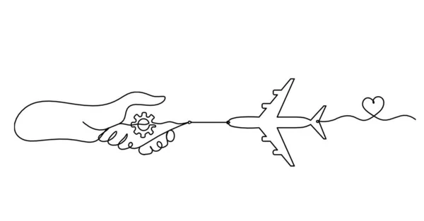 Abstrakter Händedruck Und Flugzeug Als Linienzeichnung Auf Weißem Hintergrund — Stockvektor