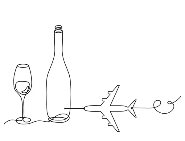Чертежная Линия Бутылка Шампанского Вина Самолетом Белом Фоне — стоковый вектор