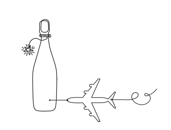 Drawing Line Bottle Champagne Wine Plane White Background — Stock Vector