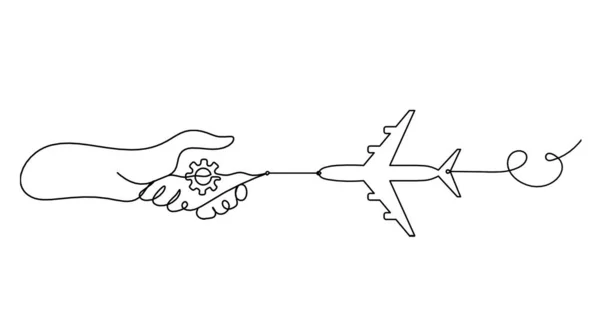 Abstrakter Händedruck Und Flugzeug Als Linienzeichnung Auf Weißem Hintergrund — Stockvektor