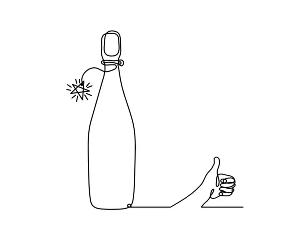 Ligne Dessin Bouteille Champagne Vin Main Sur Fond Blanc — Image vectorielle
