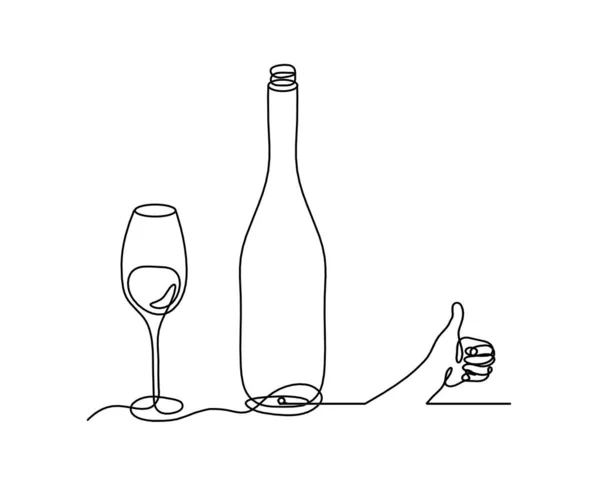 Linha Desenho Garrafa Champanhe Vinho Com Mão Sobre Fundo Branco — Vetor de Stock