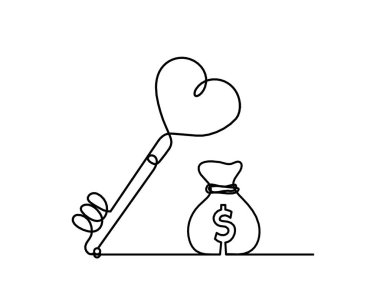 Beyaz arkaplanda sürekli çizim yapan dolar içeren soyut kalp anahtarı