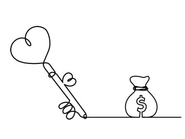 Beyaz arkaplanda sürekli çizim yapan dolar içeren soyut kalp anahtarı