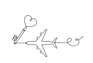 Beyaz arkaplanda aralıksız çizim yapan düzlem ile soyut kalp anahtarı