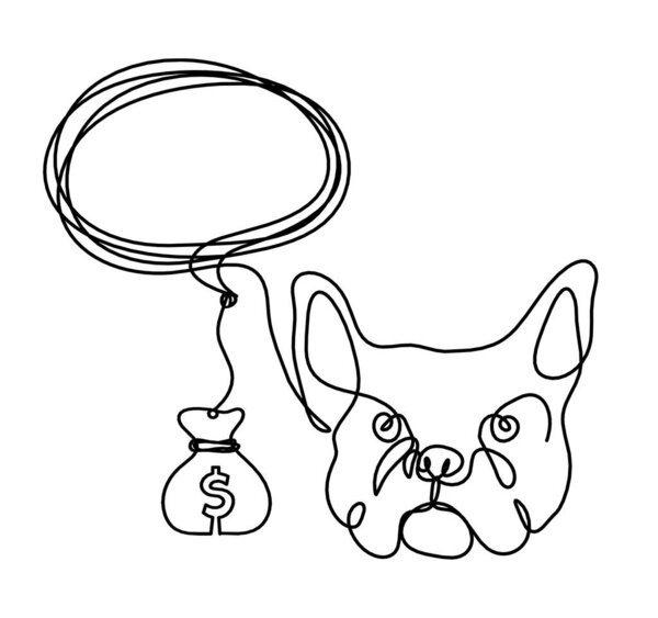 Silhouette of abstract bulldog with dollar as line drawing on white background