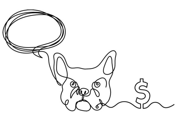 Silhouette of abstract bulldog with dollar as line drawing on white background