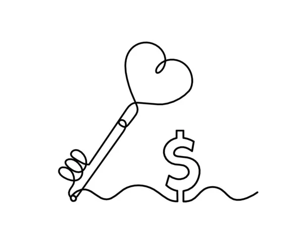 Abstraktní Srdeční Klávesa Dolarem Jako Souvislá Čára Kreslení Bílém Pozadí — Stockový vektor