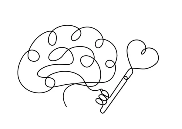 Абстрактный Сердечный Ключ Мозгом Непрерывная Линия Рисования Белом Фоне — стоковый вектор