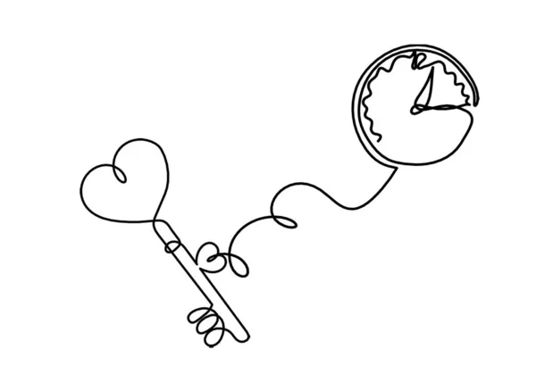 白い背景に連続線画として時計を用いた抽象的なハートキー — ストックベクタ