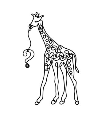 Soyut zürafa silueti ve beyaz üzerine çizgi çizen soru işareti