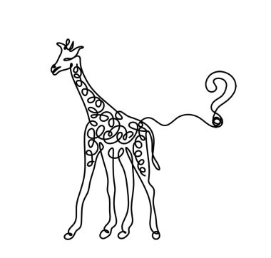 Soyut zürafa silueti ve beyaz üzerine çizgi çizen soru işareti