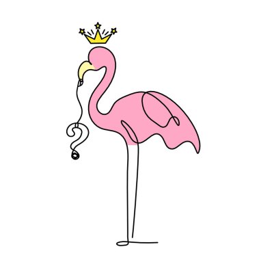 Soyut renk flamingosunun silueti ve beyaz arkaplanda çizgi çizimi olan soru işareti