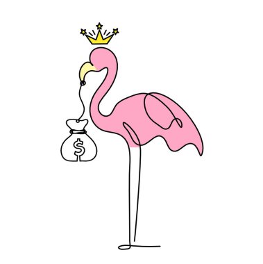 Soyut renk flamingosunun silüeti ve dolar beyaz arkaplanda çizgi olarak çiziliyor