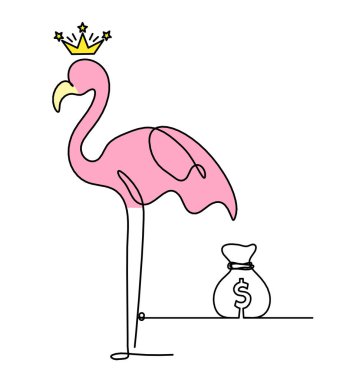 Soyut renk flamingosunun silüeti ve dolar beyaz arkaplanda çizgi olarak çiziliyor