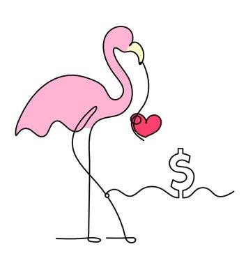 Soyut renk flamingosunun silüeti ve dolar beyaz arkaplanda çizgi olarak çiziliyor
