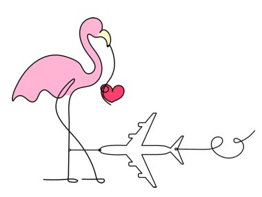 Soyut renk flamingosunun silueti ve beyaz arkaplanda çizgi olarak düzlem çizimi