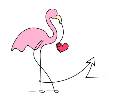 Soyut renk flamingosunun silueti ve beyaz arkaplanda çizgi çizimi yönüyle