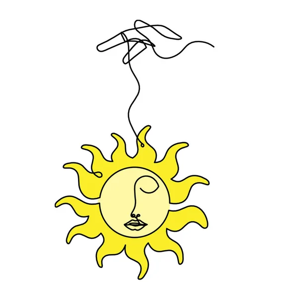 白い背景に線描きとして手で抽象的な色の太陽フェイス — ストック写真