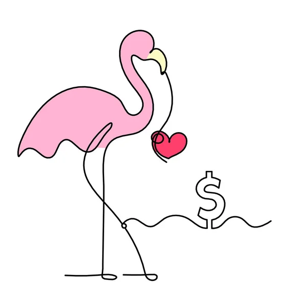 Soyut Renk Flamingosunun Silüeti Dolar Beyaz Arkaplanda Çizgi Olarak Çiziliyor — Stok fotoğraf
