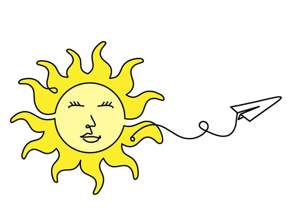 Streszczenie Kolor Słońce Twarz Płaszczyzną Papieru Jako Linia Rysunek Białym — Zdjęcie stockowe