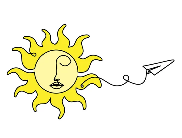 Streszczenie Kolor Słońce Twarz Płaszczyzną Papieru Jako Linia Rysunek Białym — Zdjęcie stockowe