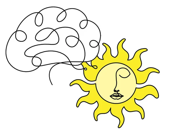 白い背景に線描画として脳と抽象的な色の太陽フェイス — ストック写真