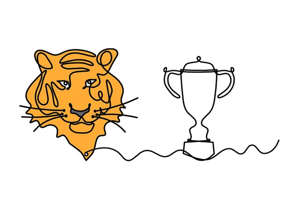Silhouette of abstract color tiger with trophy as line drawing on white